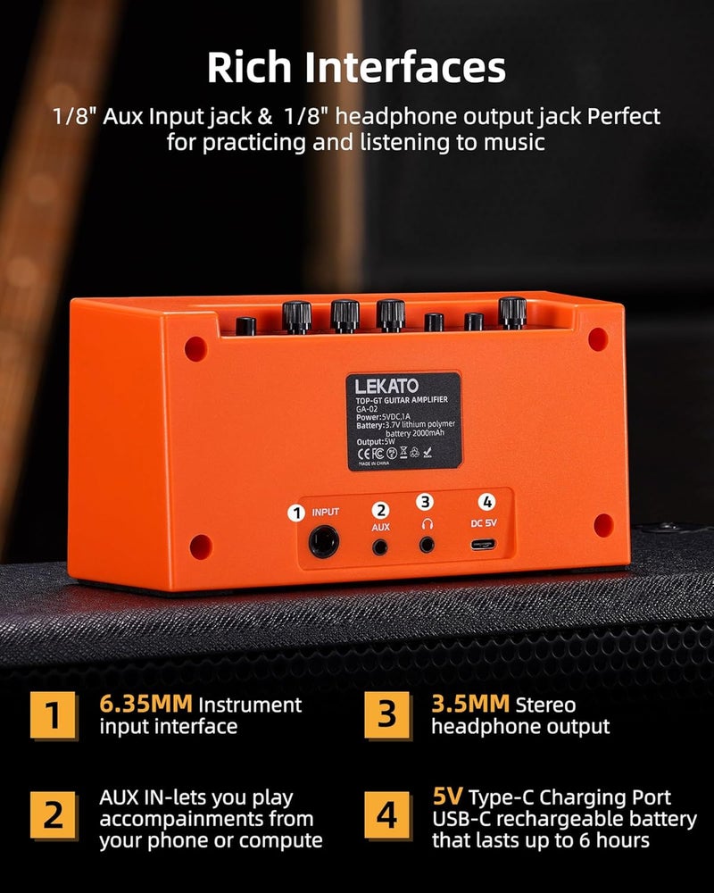 LEKATO Mini Guitar Amplifier with Clean Overdrive Effects 5W Rchargeable Electric Guitar Amp Small Bass Amplifier Bluetooth Bass Amplifier for Daily Practice,Orange - Image 5